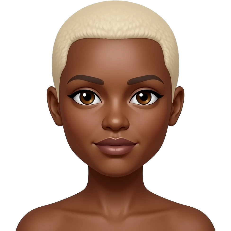 Black woman with a to the scalp hair cut shorter much shorter..a platinum blonde color and a copper color skin tone emoji