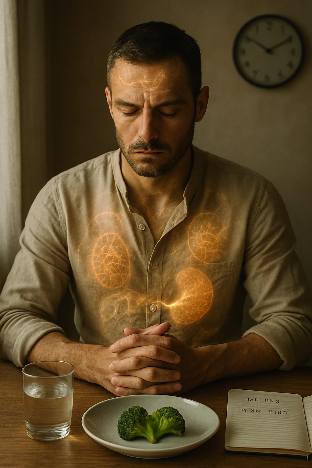 A cinematic close-up of a focused man in his mid-30s with slight beard and tired but determined eyes, sitting alone at a simple wooden table with an untouched plate of food in front of him. His hands are clasped, fingers interlocked in a meditative position over his lower abdomen, symbolizing willpower and internal balance. He wears a lightweight natural fiber shirt, sleeves rolled up. The lighting is soft and natural, early morning light coming from a nearby window. Around him, visual cues of cellular regeneration — faint glowing patterns subtly overlaying his body, especially near the liver, gut, and brain, suggesting autophagy and deep healing. The room is minimalist: a glass of water, a notebook with fasting hours, and a clock in the background ticking calmly. The tone is serene, intentional, and deeply introspective. Shot in 35mm cinematic style, warm highlights and clean shadows. emoji