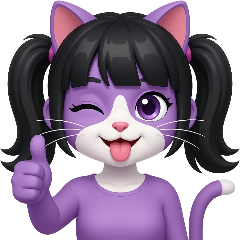 A purple cat girl with 2 ponytail locs black haired holding a thumbs up her tongue sticking out and one of her eyes closed doing this expression 😜👍🏾 emoji