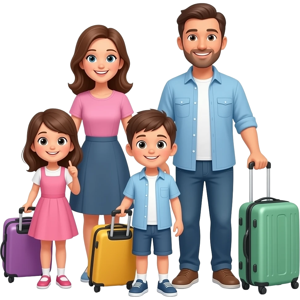 여행을 가기 위해 준비한 남편과 아내와 딸과 아들 emoji