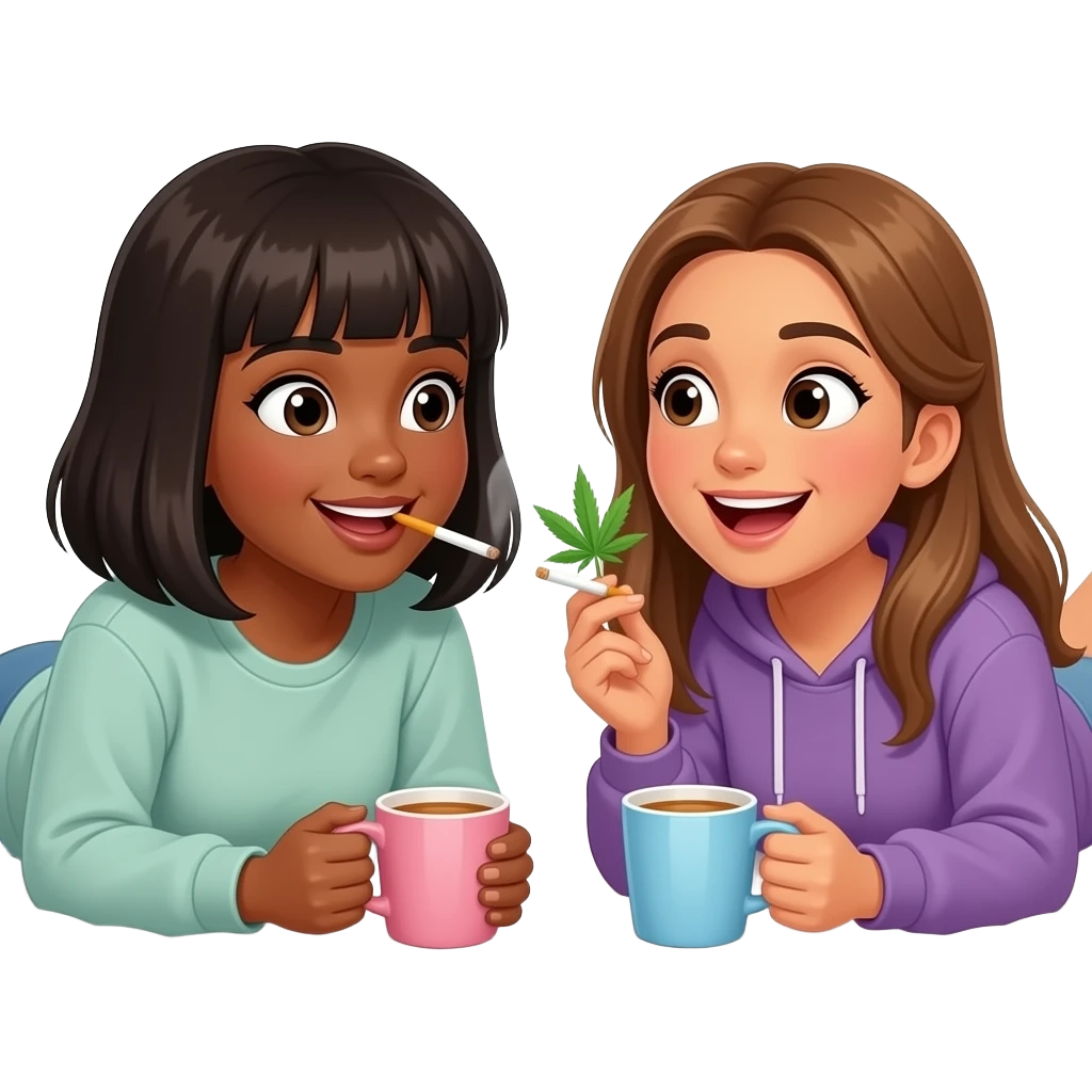 A black girl with bangs and shoulder length hair and a Hispanic girl with long light brown hair gossiping while smoking weed and drinking tea out of tea cups and wearing sweats laying on a bed. We both have surprised smiling look on our face emoji