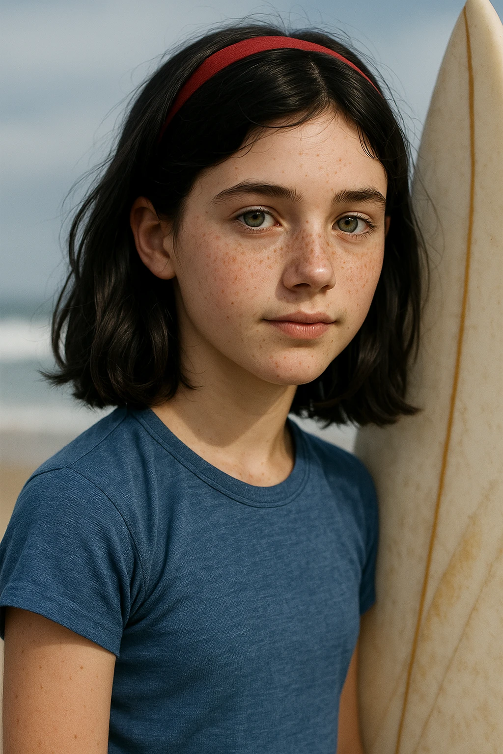 14-year-old girl resembling Snow White, hair slightly below shoulders, small green eyes, some freckles, surfer, medium height, realistic style emoji