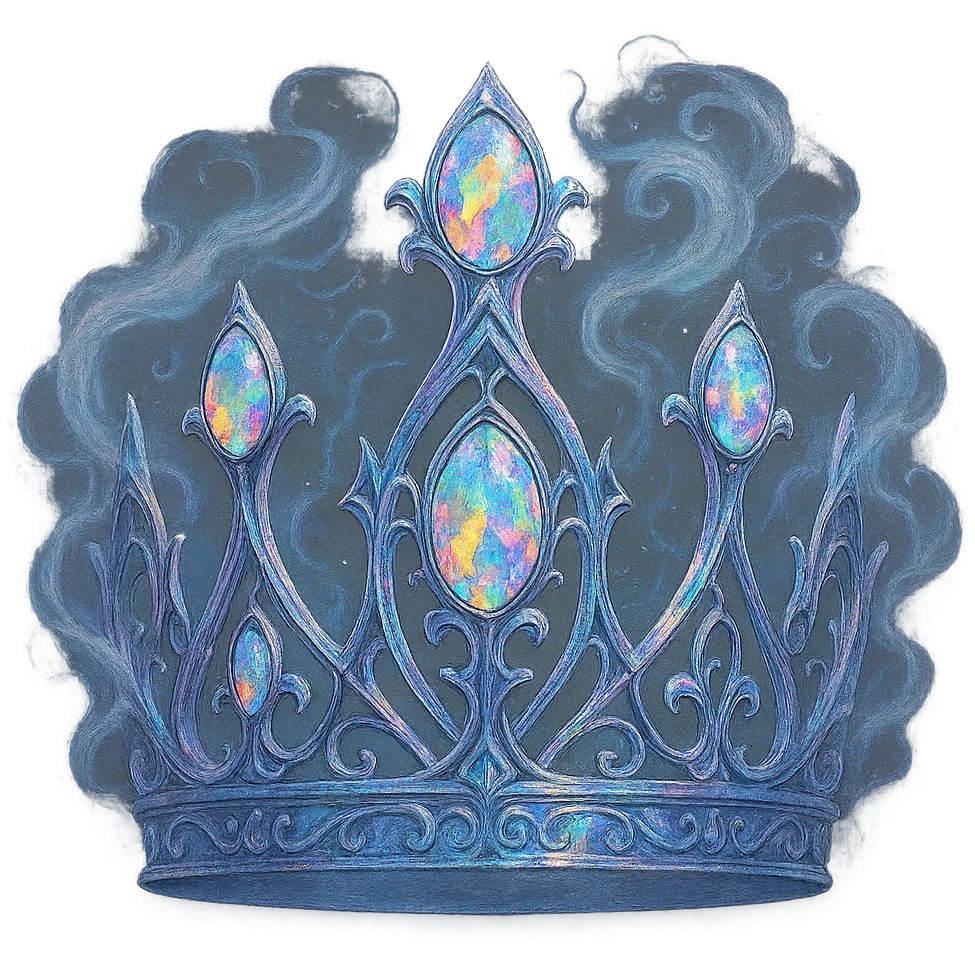 gothic crown in iridescent silver with rainbow opals and swirling mist details, ethereal and magical emoji