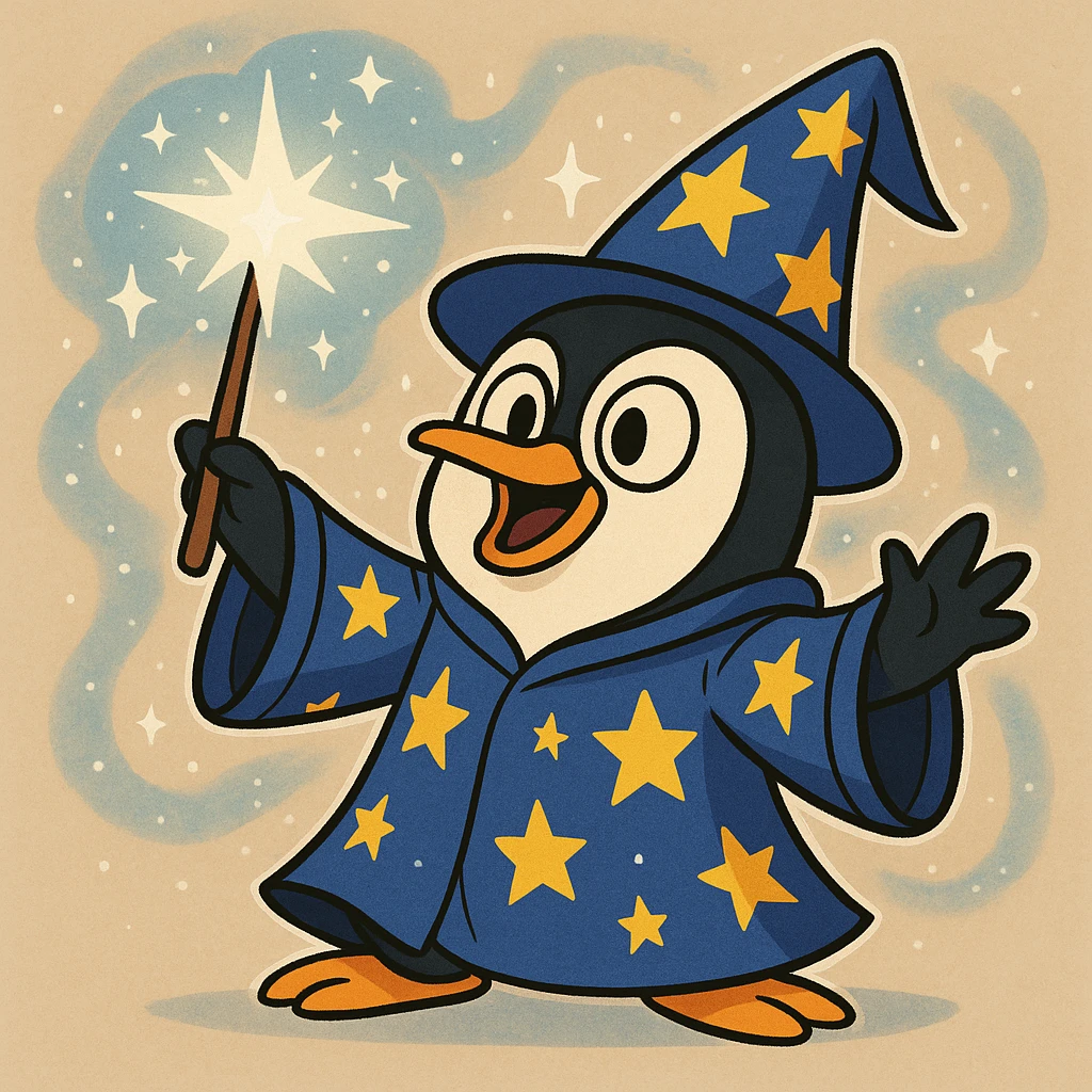playful cartoon style penguin wizard casting a sparkling spell, with a starry robe and magical aura emoji