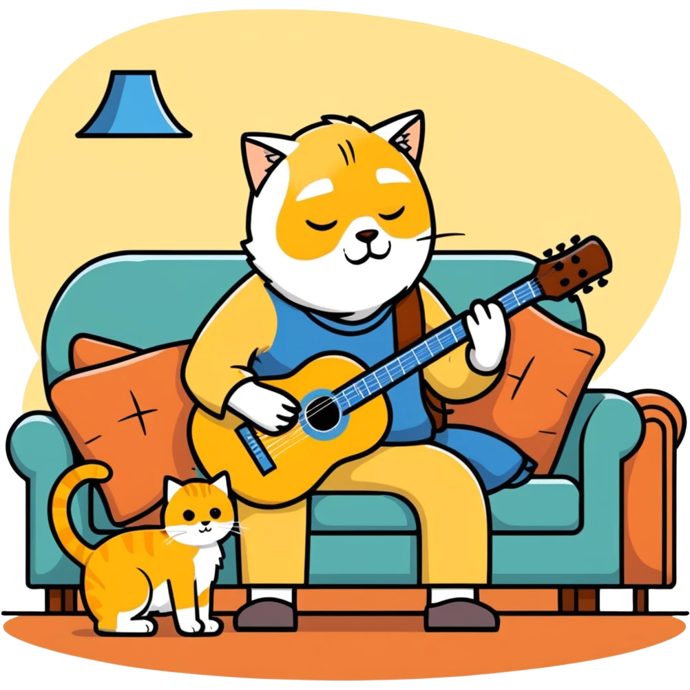  old blind man playing guitar  on the couch with his golden cat  emoji