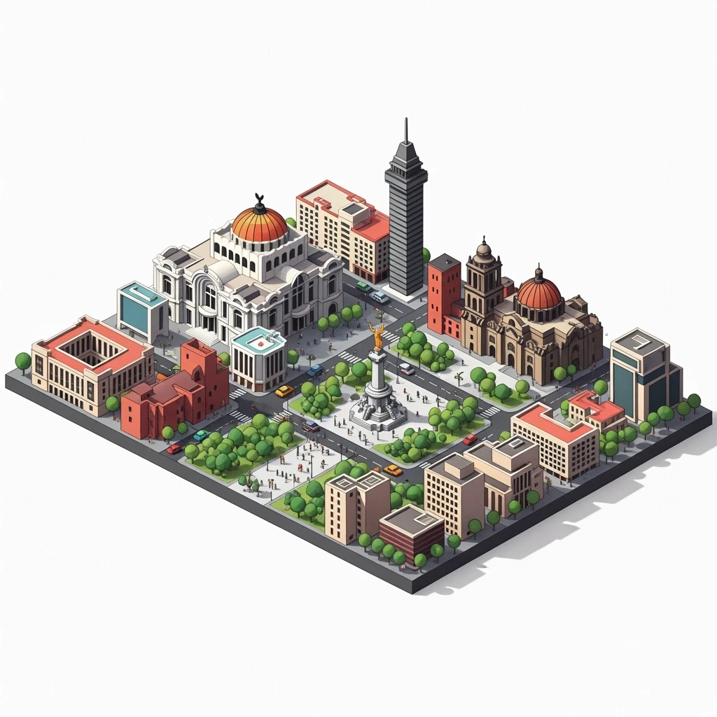 Isometric minimalistic illustration of Mexico-city subtle 3D miniature effect and Tilt Shift effect, no cartoonish look, transparent background. emoji