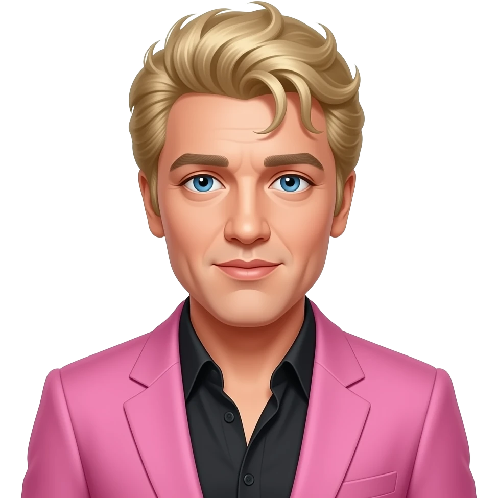 Elvis Presley with blue eyes, dirty blonde hair, black shirt, pink suit jacket emoji