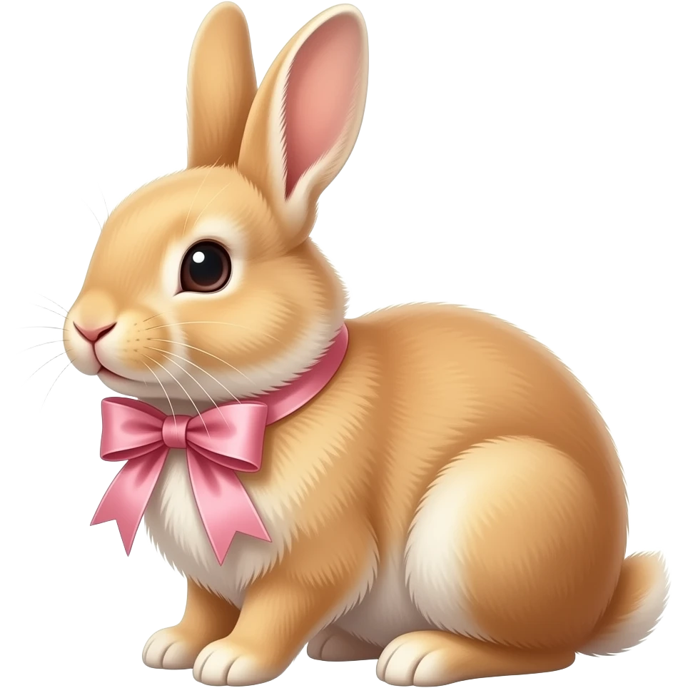 Image hyperréaliste et accrocheuse d'un lapin assis avec un ruban rose pastel au cou. La vue est en 3/4 Ajoute subtilité pour renforcer l'impression de luxe de la scène. L'ensemble est isolée sur un fond blanc. emoji