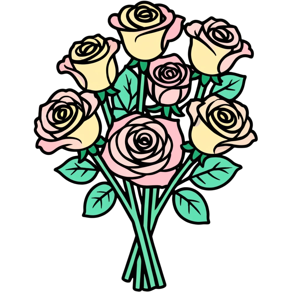 Whimsical, isolated, die-cut sticker of an opalescent pearlescent bouquet of roses, dpi 300, 8k emoji
