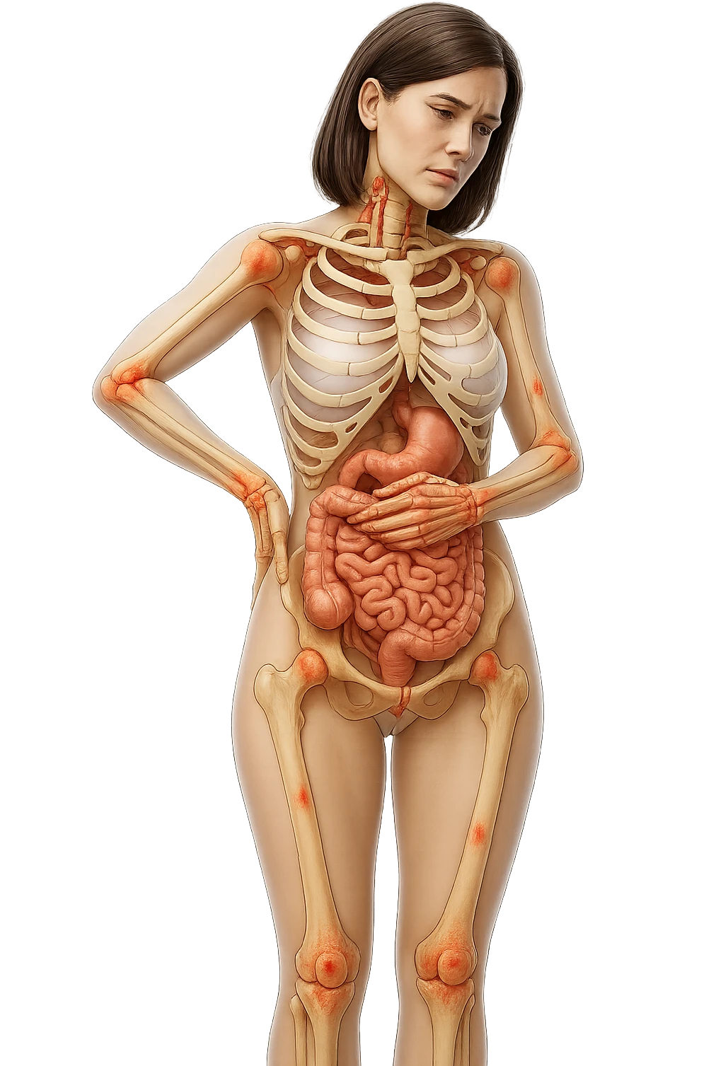 donna realistica a figura intera con red spot sparsi alle ossa, ossa del corpo visibili sul corpo, non sul volto iperrealistico 4k emoji