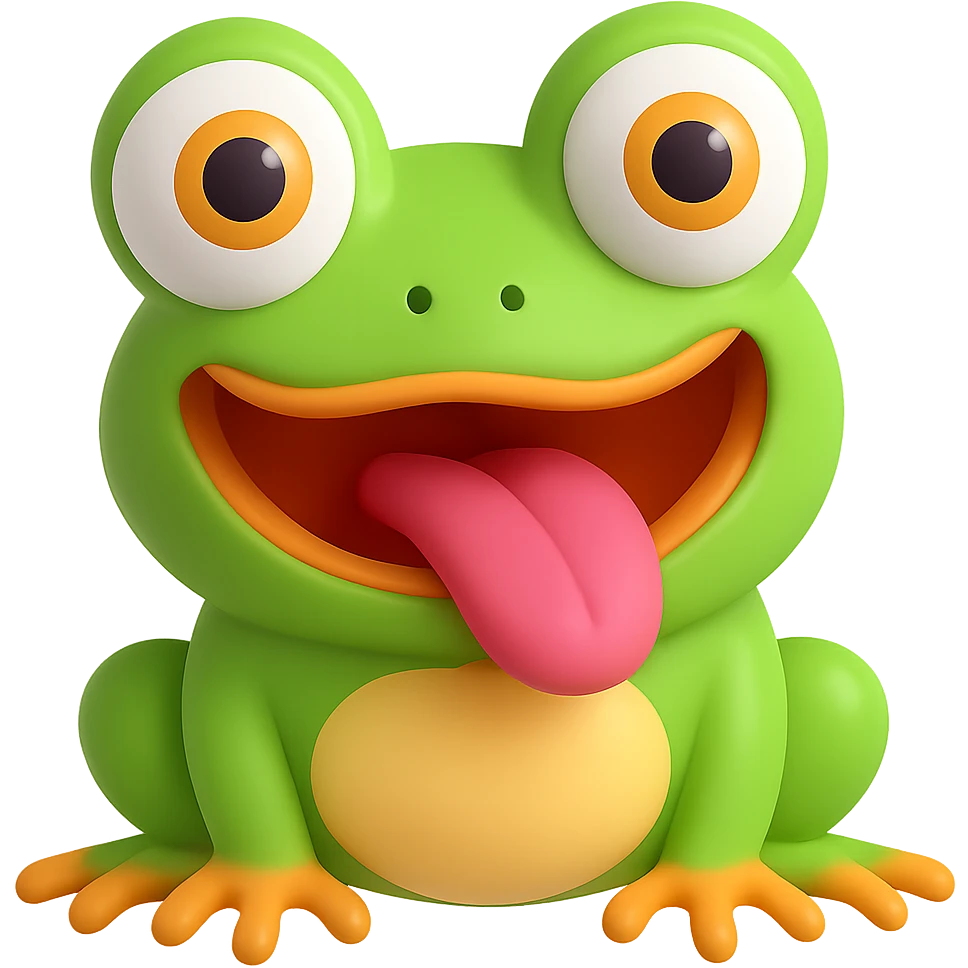 Make the derpy frog with big cute eyes even derpier, exaggerate the silly expression, in 3d emoji style with no background. emoji