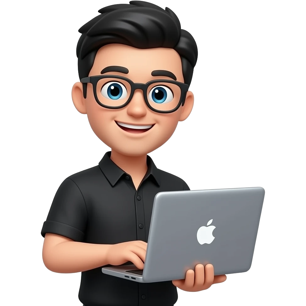 3D Apple Memoji style character, young male around 22 years old, same pose as reference (using laptop), wearing a black shirt, face based on second image (black hair, glasses, friendly smile), clean background, soft lighting, high detail, centered composition. emoji