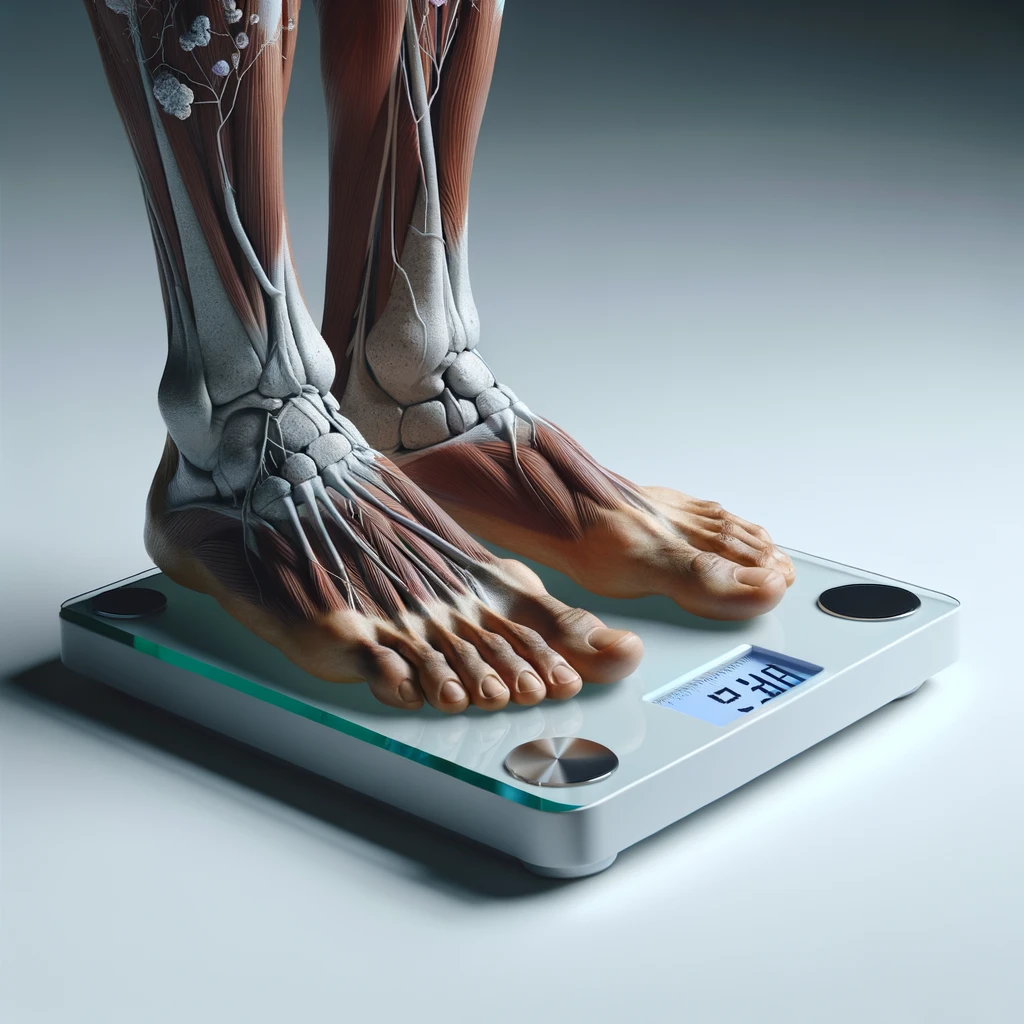 piedi di un corpo umano anatomico su una bilancia pesapersone, si sta pesando perché è ingrassato, iperrealistico 4k, isolato su sfondo bianco emoji