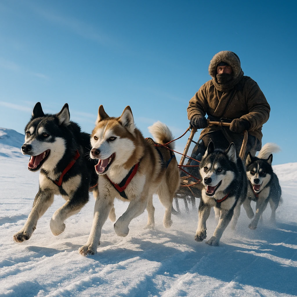 A sled dog team pulling a traveler across the Arctic tundra, dynamic action, crisp cold atmosphere emoji