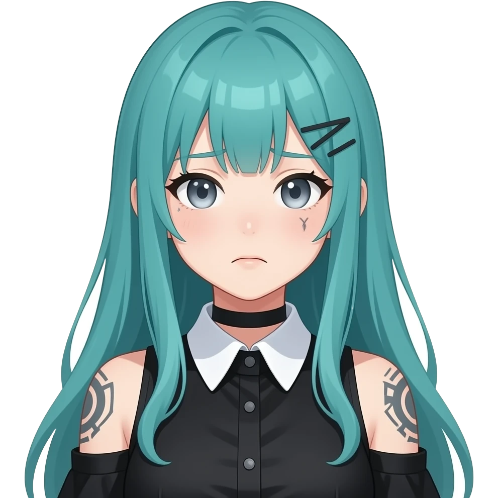 anime girl, embarrased, face tattoos, long flowing teal hair, grey eyes, black shoulder cyberpunk blouse with fancy white collar emoji