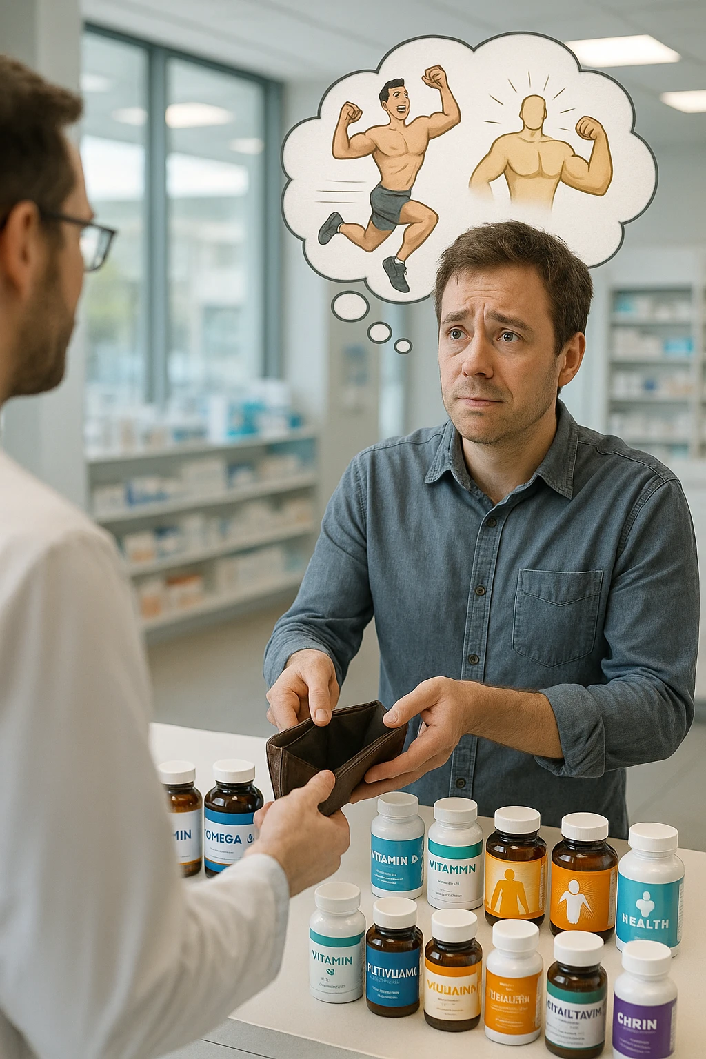 a man stands at a pharmacy counter, handing over a nearly empty wallet to the cashier while the counter is filled with bottles of supplements and vitamins. His expression is hopeful but slightly anxious. In the background, a thought bubble shows exaggerated images of instant health and fitness, symbolizing unrealistic expectations.  in italiano super realistica emoji