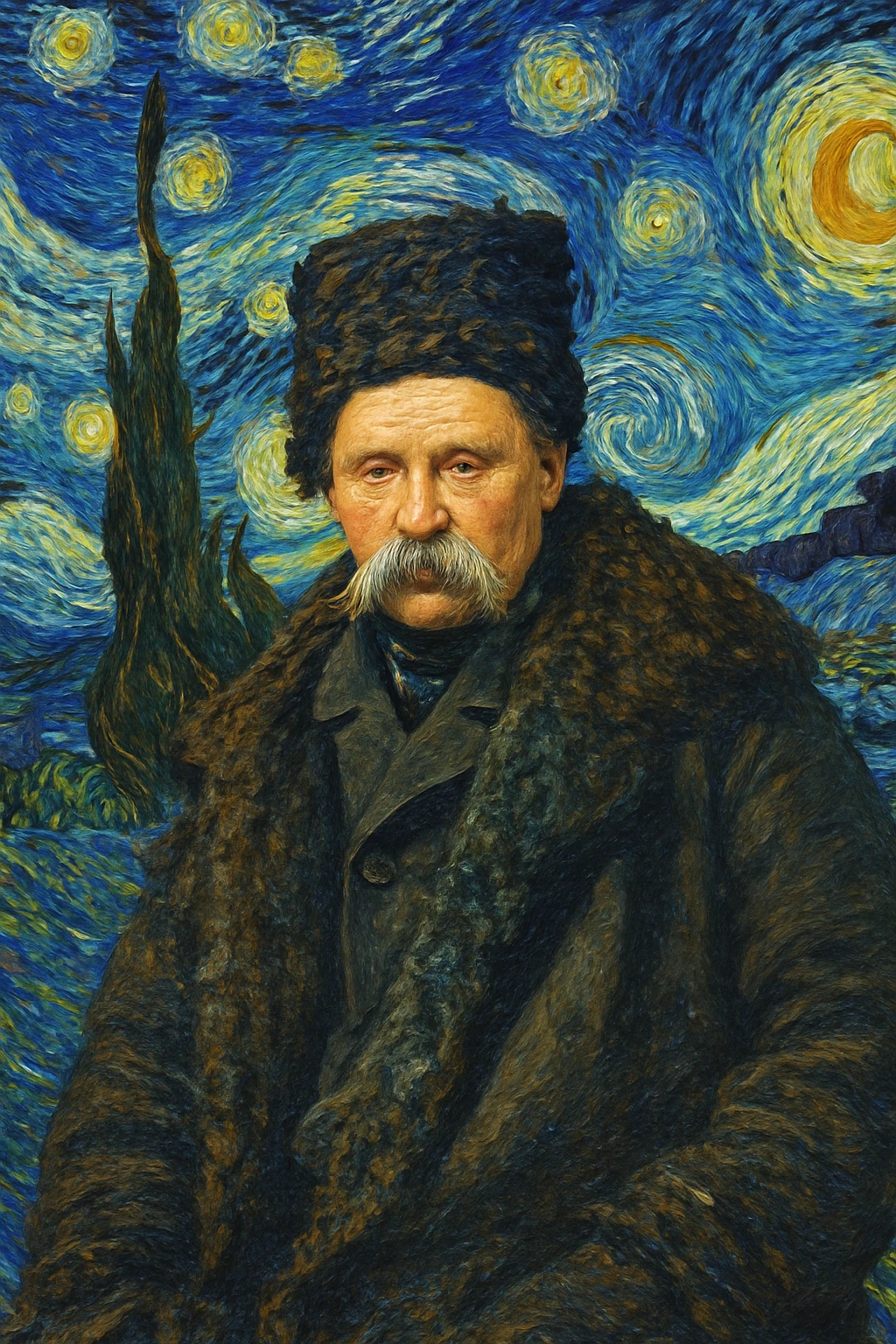 Insert the character from the provided image into Van Gogh's 'Starry Night' painting. Blend the character seamlessly into the surreal landscape, preserving the swirling impressionist style, dynamic brushstrokes, and oil painting effect of the original artwork. emoji
