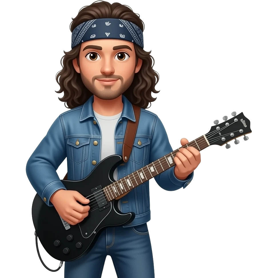 Caucasian man wearing bandana with long dark curly hair with jean jacket on playing black electric guitar emoji