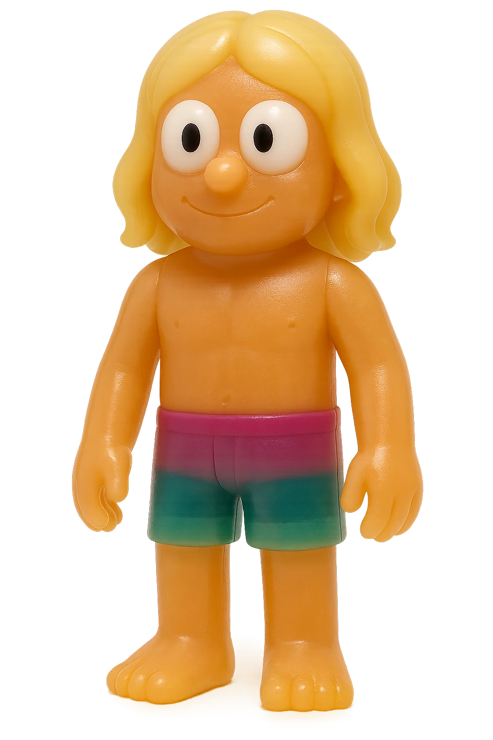 full-body surfer bro, retro 90's toy style, very transparent and slightly see-through, natural tan skin, blonde hair, colorful shorts, large white eyeballs with small black pupils, soft plastic texture, soft reflections, soft and squishy, some cloudiness, not shiny, highly detailed, appealing, no tag, no background emoji