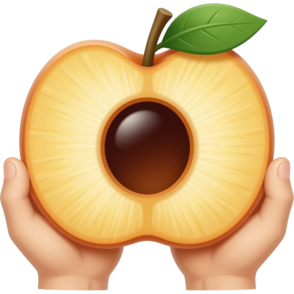 Mache ein Pfirsich mit einem runden Loch In der mitt der Pfirsich-Spalte und es soll tief aber nicht durch den Pfirsich gehen, der Pfirsich wird an den Seiten von zwei Händen gehalten emoji
