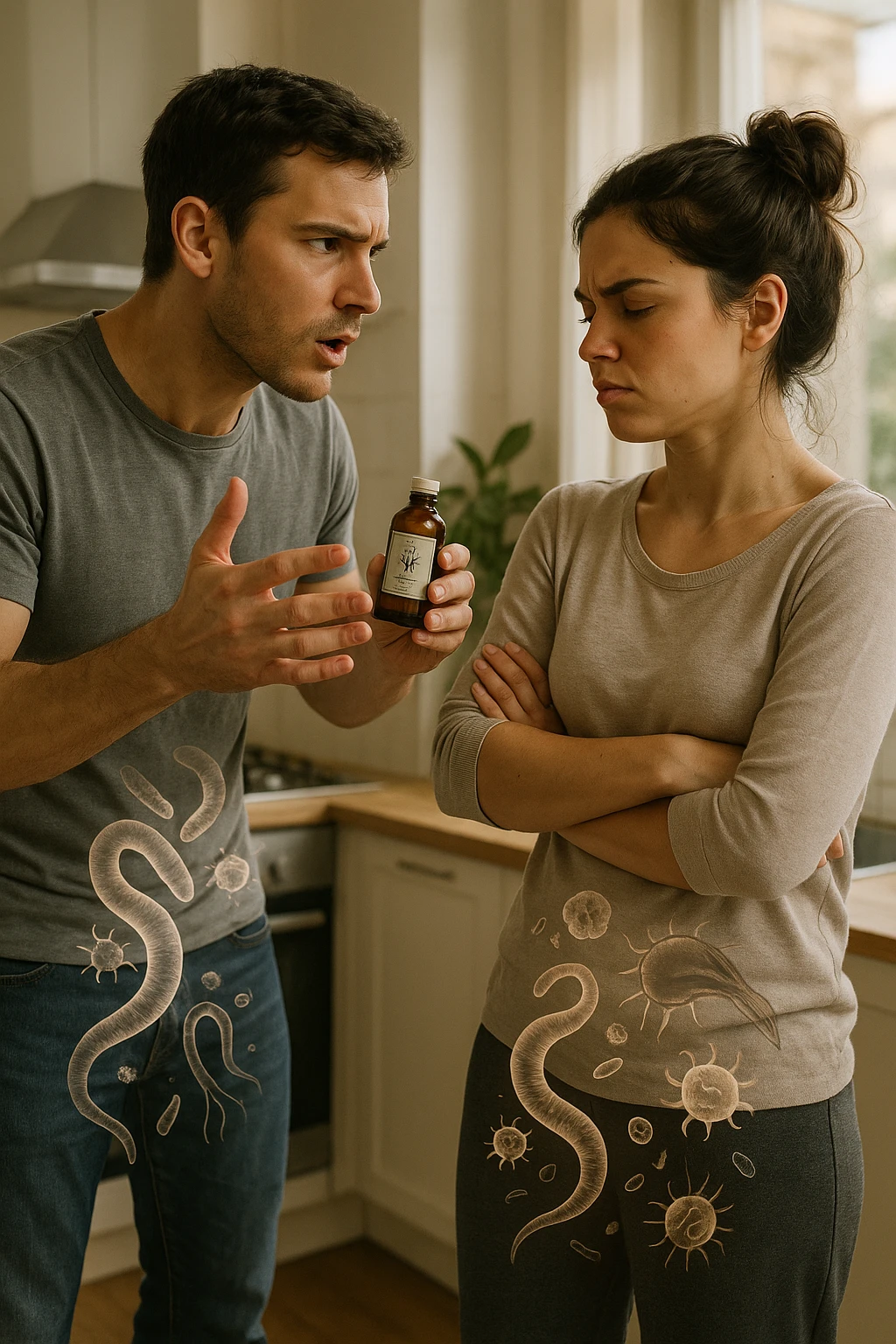 A highly realistic, cinematic photo of a young couple in their early 30s having an argument in a bright modern kitchen. The man, athletic build, wearing a casual T-shirt and jeans, is speaking firmly with a raised hand holding a small amber glass bottle labeled with a subtle herbal symbol, saying 'Andiamo a fare il trattamento antiparassitario' with a determined expression. The woman, with long dark hair tied in a messy bun, casual home outfit, crosses her arms with an angry, defensive expression, replying 'Ti ho detto di no! Io non ci credo!' while slightly turning away. Tension is visible in their body language, with the man leaning forward trying to explain and the woman leaning back, her eyebrows furrowed. Around them, subtle ghostly overlays of microscopic parasites are faintly visible near their abdominal areas, symbolizing the hidden reason for the argument. The kitchen is bright and modern with plants and natural light, contrasting the emotional tension. The style is hyperrealistic with warm tones and shallow depth of field focusing on their facial expressions, illustrating the conflict between belief in natural treatments and skepticism within the couple regarding hidden parasitic infections. in italiano emoji