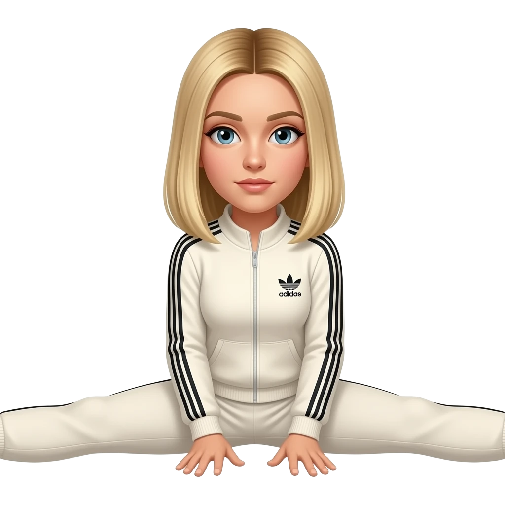 Dirty blonde straight hair with blonde highlights, hair parted to one side, thin long face, mid length hair, cream adidas track suit, doing the split in a gif moving emoji