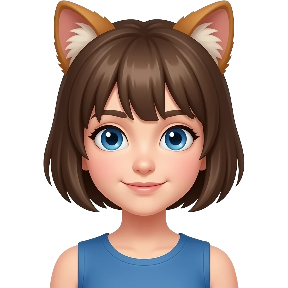 Niña com pelo corto pero con una cola y Blanca ojos azules pelo cafe emoji