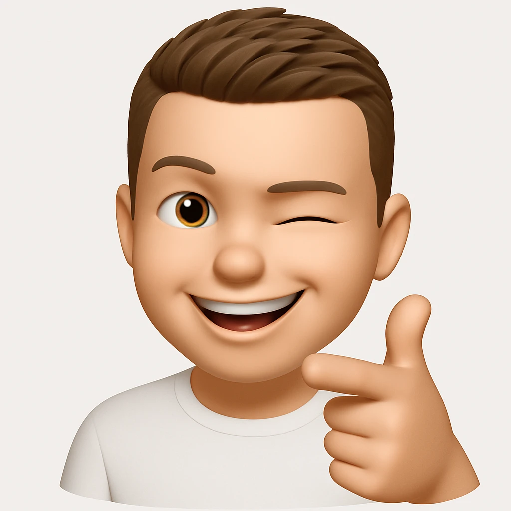 Based on these photos, make an emoji with facial features preserved, a man in a white T-shirt, winking, pointing forward emoji