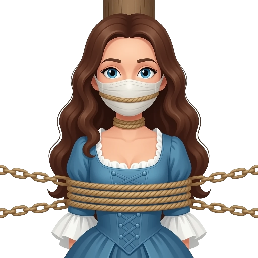 Brunette woman in 1770s gown with long flowing hair, gagged and bound to a post like illustration from The Highwayman poem by Alfred Noyes emoji
