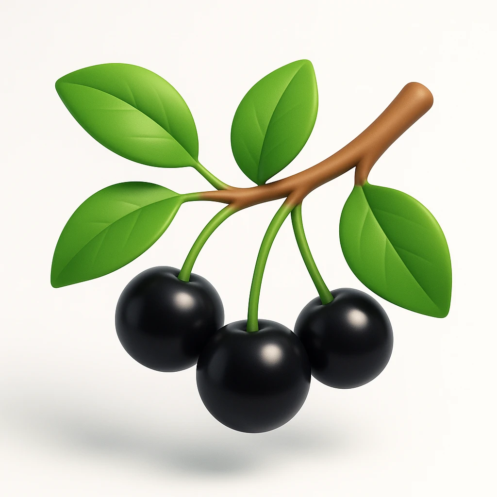Redraw the cherry branch with black berries and green leaves in a modern 3D iOS style, adding volume, expressive light and shadow, and a clean background. Maintain a contemporary and polished look suitable for iOS design. emoji