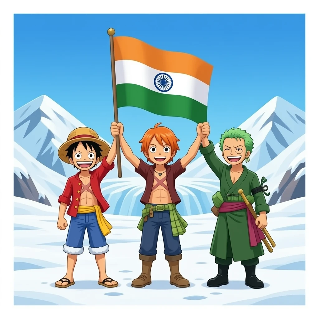 Luffy and sanji then zoro from One piece all three female military general has hoisted the Indian flag in Siachen glacier emoji