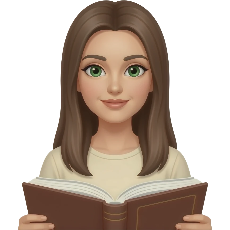 woman with green eyes and long brown hair straight reading a book in a cream top emoji
