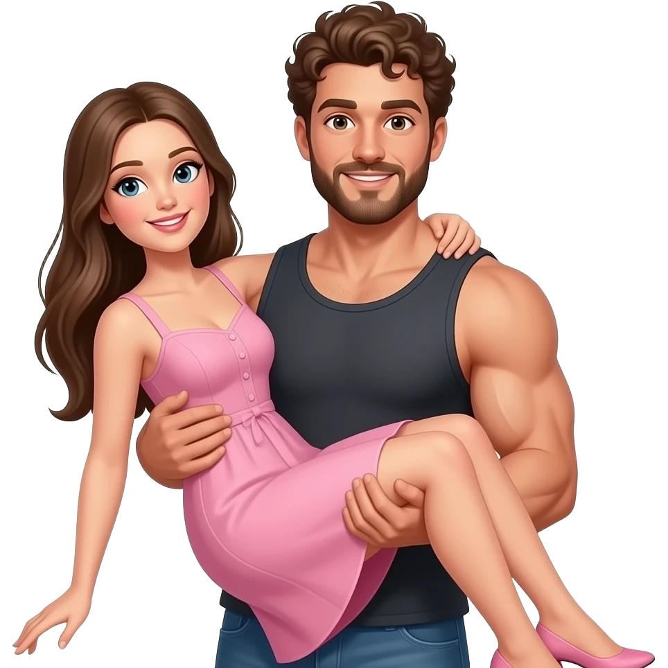 Realistic white skin brown short curly hair with beard muscular man carrying white skin long straight brown hair girlfriend wearing aesthetic pink dress HD emoji