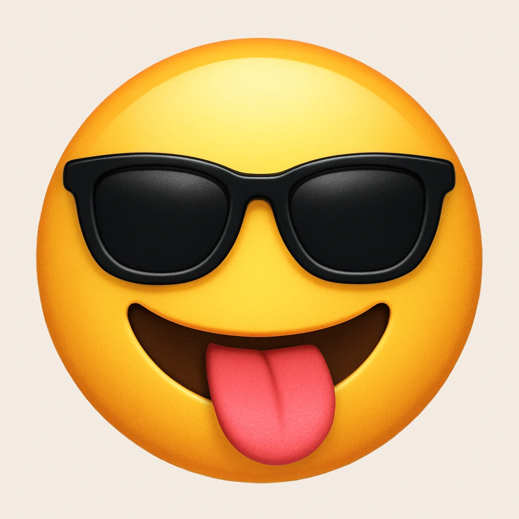 Create a fun and playful emoji mashup by combining the cool sunglasses face and the smiling face with tongue out into one image. Both expressions should be visible and blended seamlessly to form a unique emoji that captures the essence of both original emojis. emoji