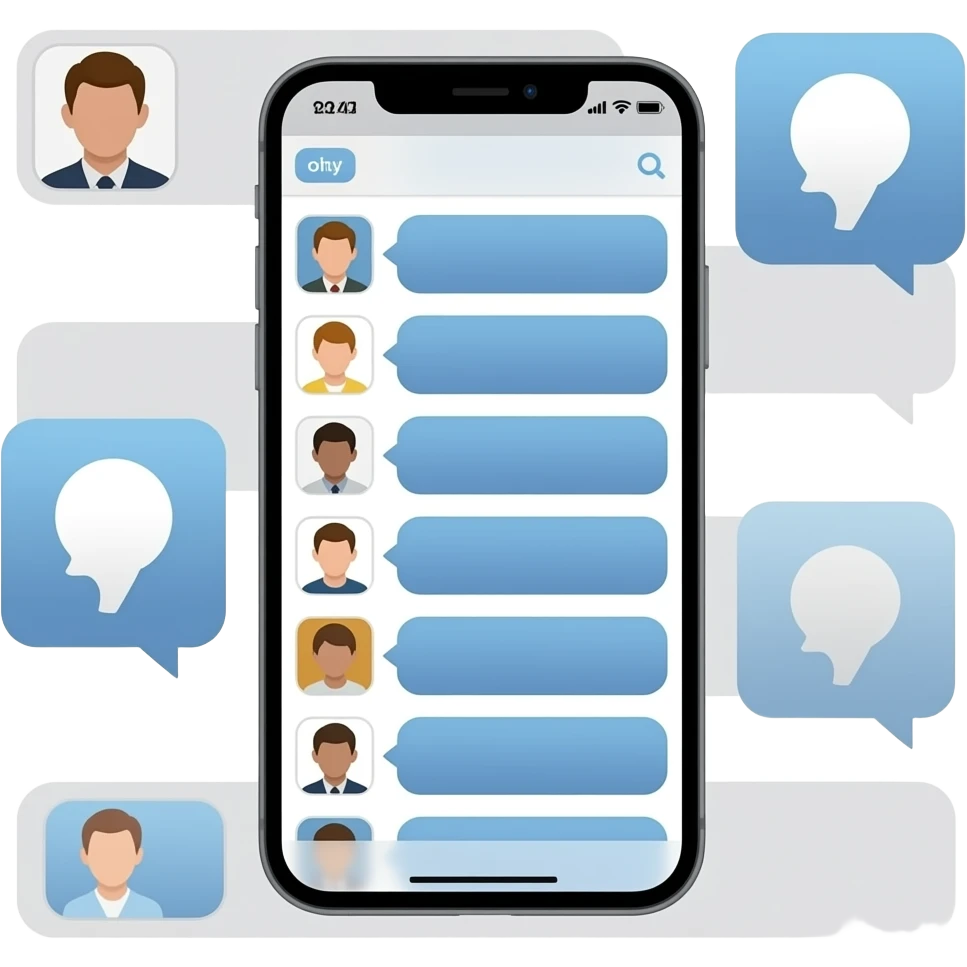 iphone device with messaging app open with profile pictures and muted blue-grey and grey bubbles emoji