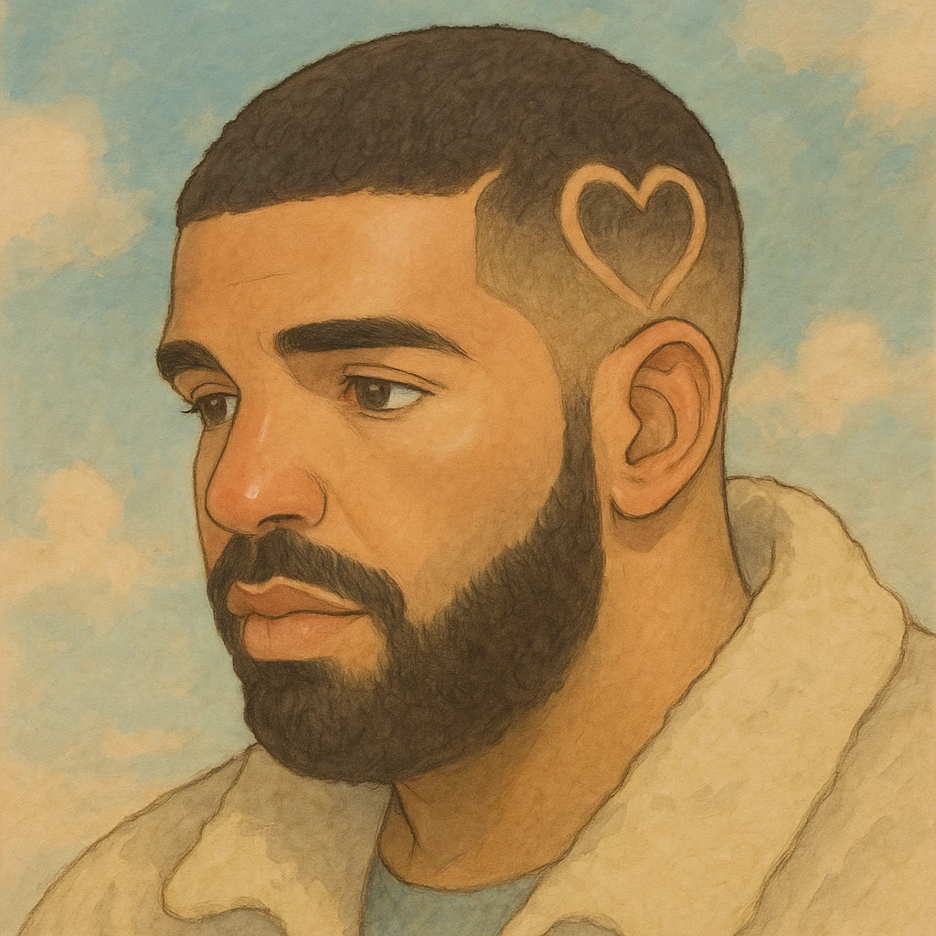 Drake's head with a heart shaved into his hair, ghibli style, soft colors, detailed emoji