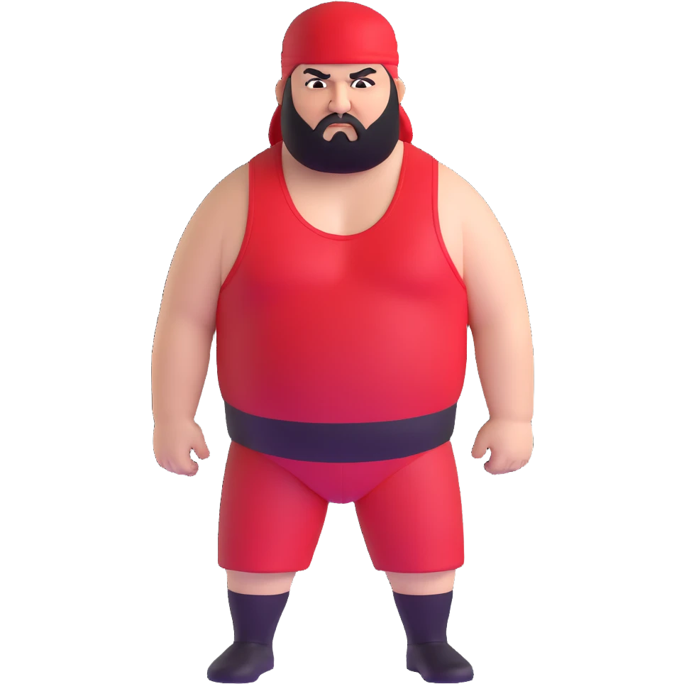 White skin fat guy with prominent black durag, shaved beard stubble, black eyes in a red and black wrestling singlet with angry face emoji