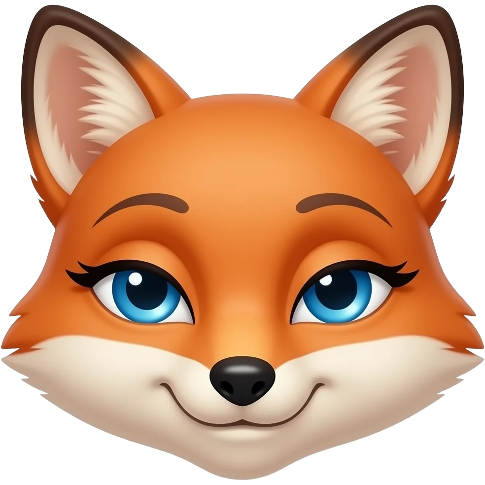"A close-up emoji face of a beautiful red-orange vixen fox with vibrant blue eyes. She has a seductive, flirty expression with heavy-lidded 'bedroom eyes' and very long, thick black eyelashes. A soft, knowing smirk on her muzzle and a graceful head tilt. emoji