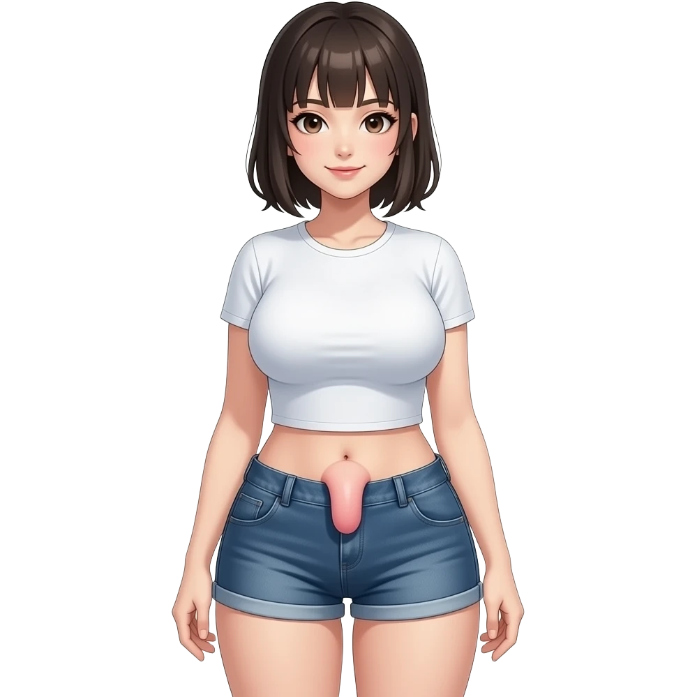 Футанари девушка в полный рост с большой грудью в шортах и футболку с вылезающим членом из шорт emoji