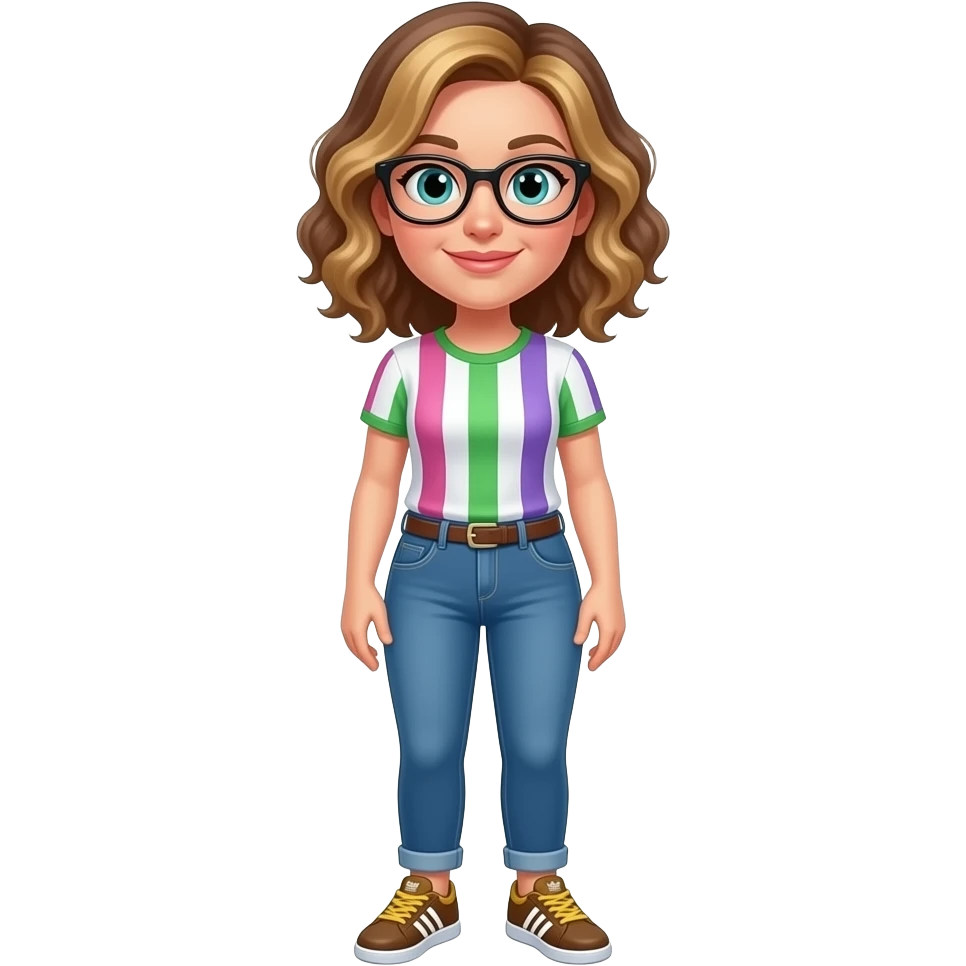 Make an emoji a women teacher dutch with cheeta glasses and between brown and blonde curly mi long hear with an t-shirt with green pink and withe purple vertical stripes and a blue jeans witch addidas shoes brown and yellow emoji