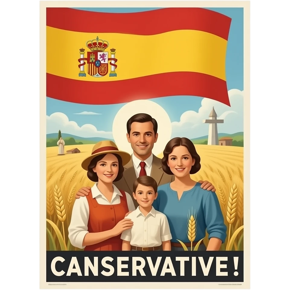 Vintage Spanish 1930s political poster, traditional themes, focus on family, wheat fields and religious symbols, conservative aesthetic, soft lithographic texture. emoji