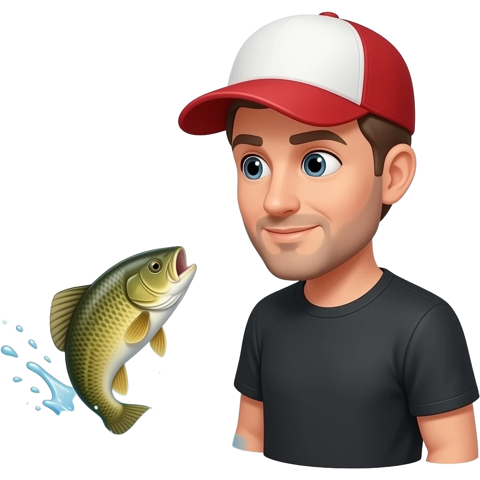 a guy with  a red and white hat on with a black shirt looking into the river at a fish splashing emoji