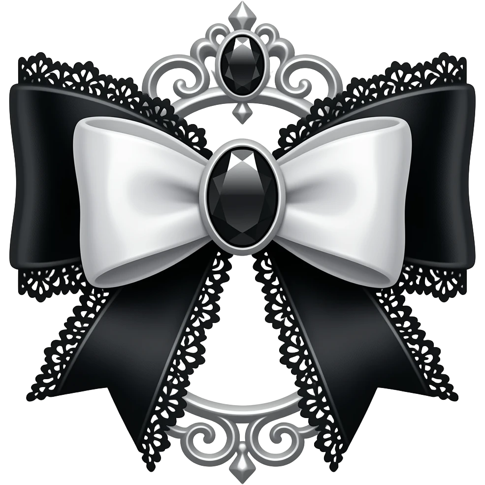 3D emoji gothic bow, black velvet, white silver filigree, black lace trim, black gem, elegant metal frame on the gem emoji