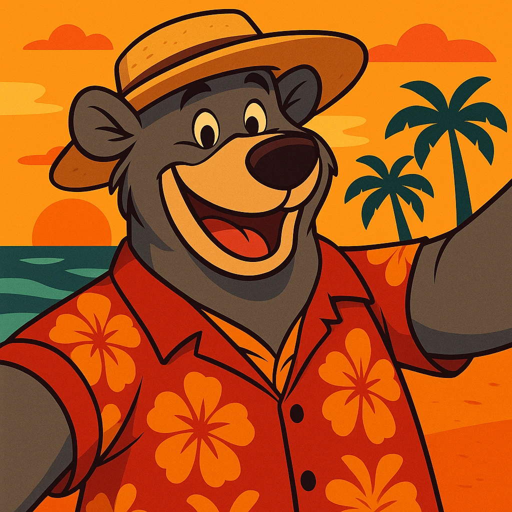 Add a sunhat to Baloo the bear as he takes a selfie with the beach sunset, maintaining the warm and inviting colors and the vibrant flat toon cartoon style. emoji