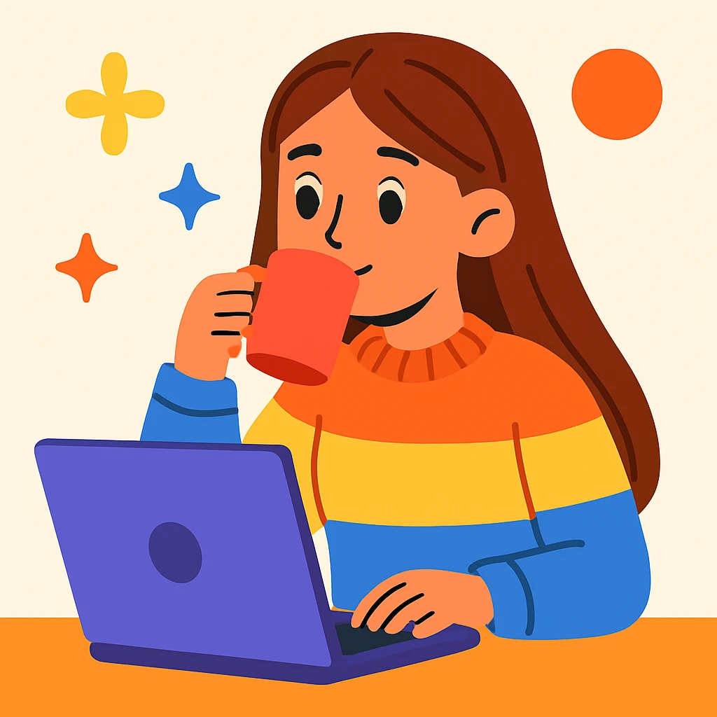 young 20-year-old woman with long straight brown hair, wearing a sweater, drinking coffee and working on a laptop, colorful cartoon style, light background emoji
