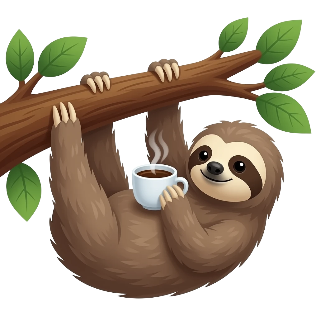 hanging sloth on big tree branch leaves drink coffee hanging emoji