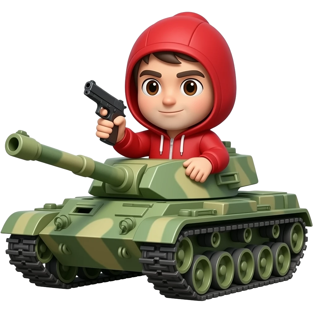 hello kitty male version with red hoodie and the hood white. holding a gun and he sits in a war tank with the hood on his head emoji