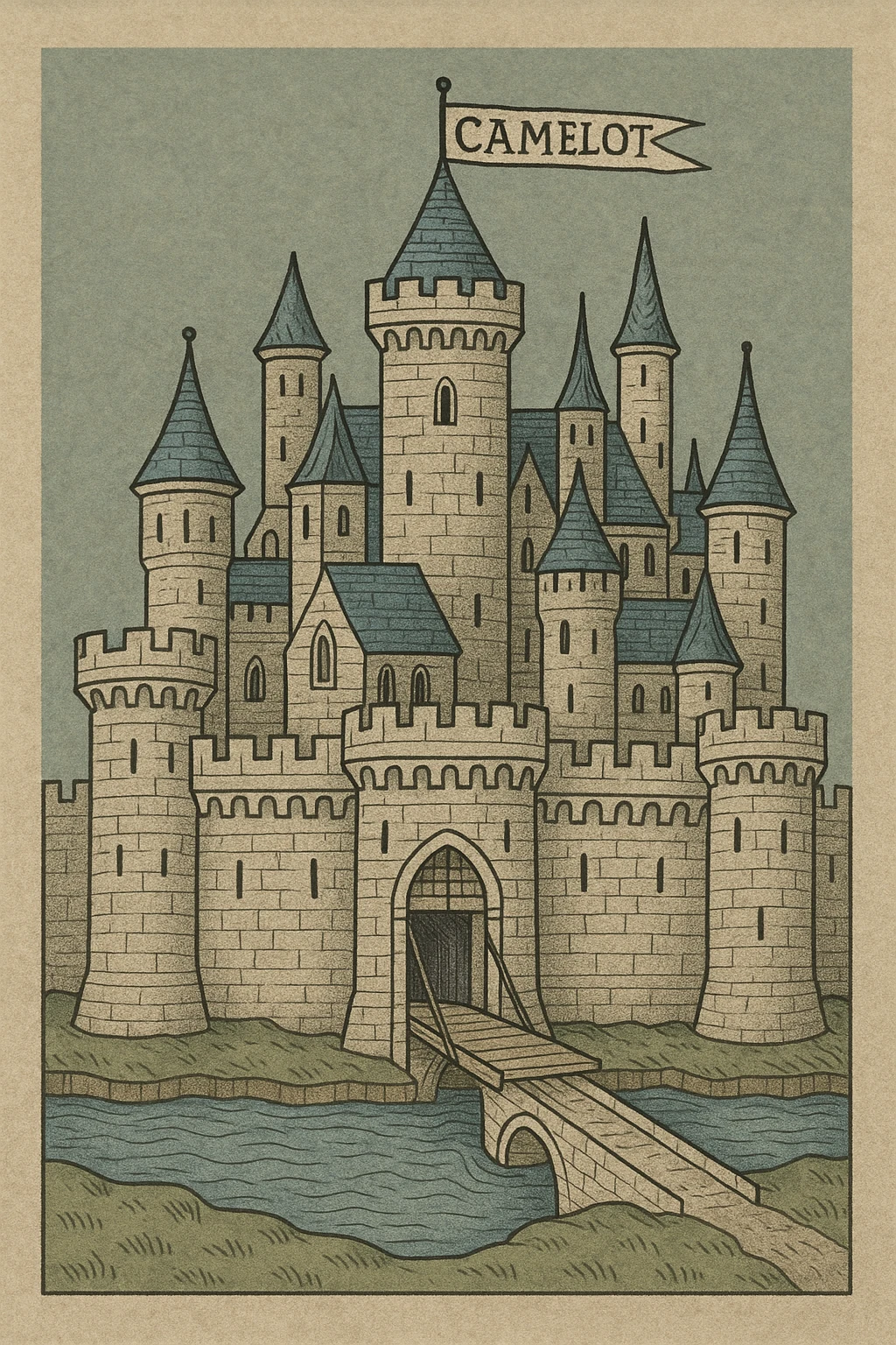 Camelot castle, surrounded by a moat, drawbridge down, detailed stonework, magical atmosphere emoji