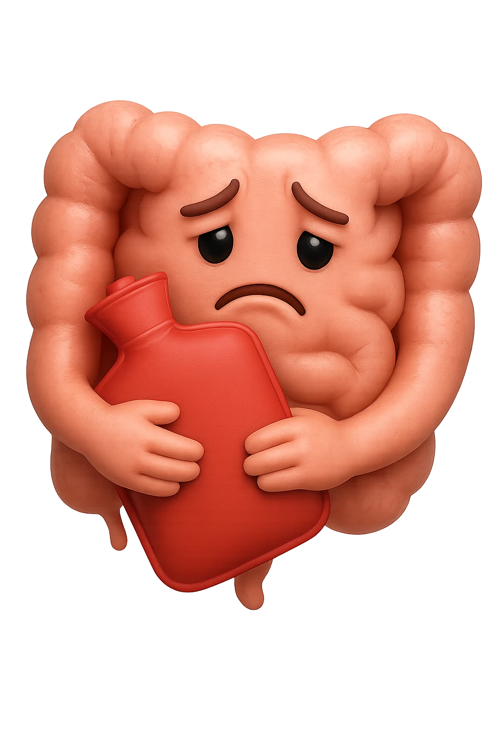 emoji stile iphone di un intestino che si tiene la borsa dell'acqua calda al centro, espressione di tristezza in volto, iperrealistico 4k emoji