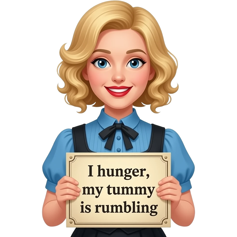 short blonde with spiral curly hair side swept bob with please vintage sign in a 1800 outfit in red lipstickmile, red lipstick with a sign saying I hunger, my tummy is rumbling in a blue and black short sleeve blouse emoji